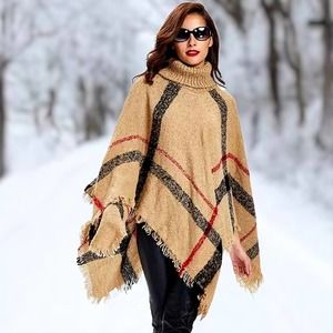 Beige Plaid Turtle Neck Poncho